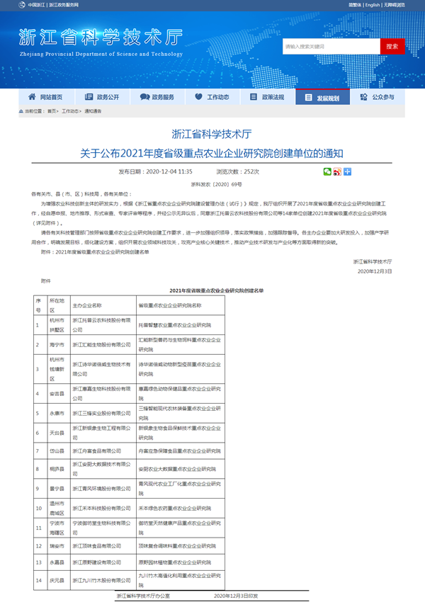 浙江省2021年度省级沉点农业企业钻研院
